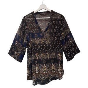 Paisley Print V-Neck Tunic Top in Black & Navy